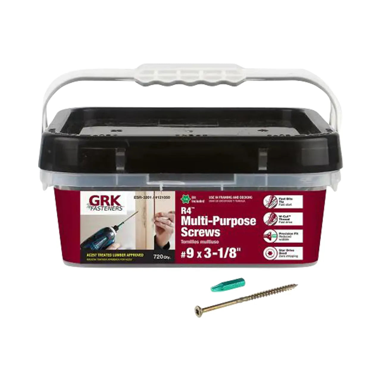 A plastic container of Go Build #9 x 3-1/8 in. Star Drive Bugle Head Multi-Purpose Framing Screws (720/Pack), with a white handle and black lid, sits beside a single screw and green bit. The label highlights product features.